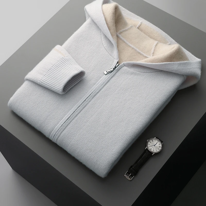 Zipper autumn and winter new 100% cashmere men o collar sweater loose fashion cardigan slim warm knit solid color long sleevetop - Image 3