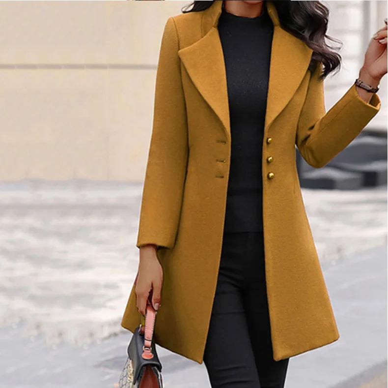 European and American autumn and winter coat Korean solid color slim mid-length button woolen coat - Image 2