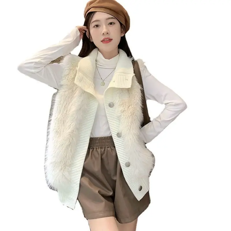 Women Faux Mink Fur Vest Coat Knitted Spliced Vests Solid Stand Collar Single Breasted Straight Thick ElegantCasual 2025 Winter - Image 5