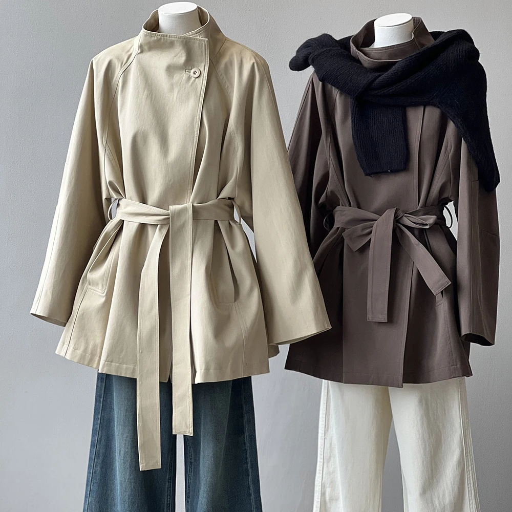 2025 Women Autumn Khaki Trench Coat Stand Collar Women Loose Style Coat With Belt Casaco Feminino New Trench Femme - Image 3