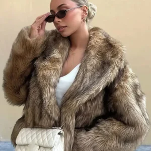 Retro Brown Grass Fur Coat Women Fashion V-neck Loose Short Pleated Overcoats 2025 Autumn Winter New Daily High Street Jackets