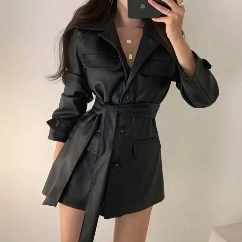 Korean version waist cinching slimming mid length handsome motorcycle leather jacket women's autumn and winter long sleeved top - Image 2