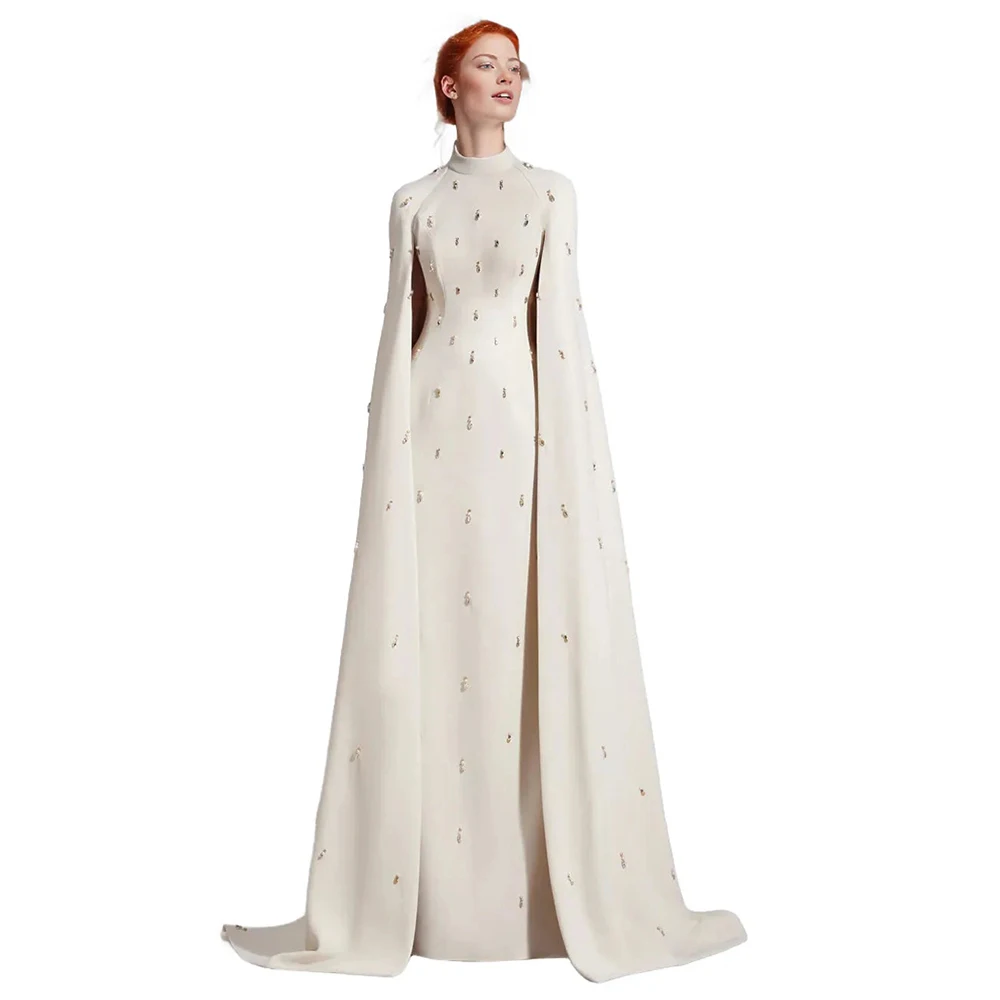 Luxury Formal Evening Dress Ivory Cape A Line High Collar Beading Wedding Party Dresses Long Elegant Women's Evening Gowns 2025