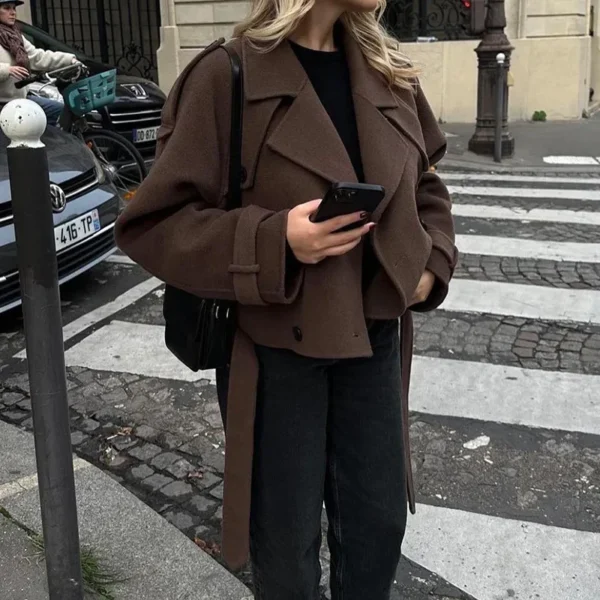 European and American women's clothing big lapel woolen sweater fashion short belt coat jacket - Image 2