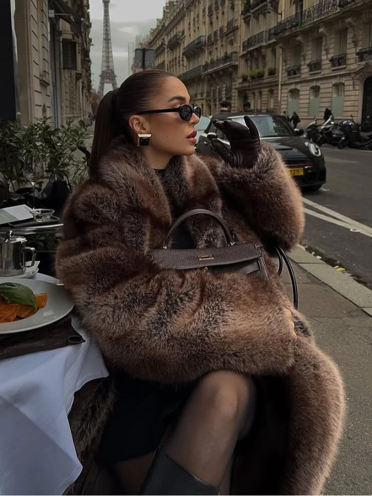 Women's Casual Lapel Faux Fur Long Coat Loose Solid Color Full Sleeve Furry Jackets Ladies Fashion Winter Warm Streerwear Coats - Image 2