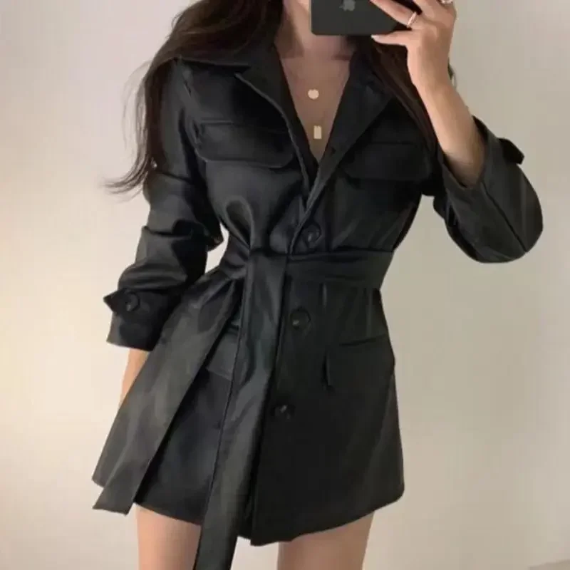 Korean version waist cinching slimming mid length handsome motorcycle leather jacket women's autumn and winter long sleeved top - Image 4