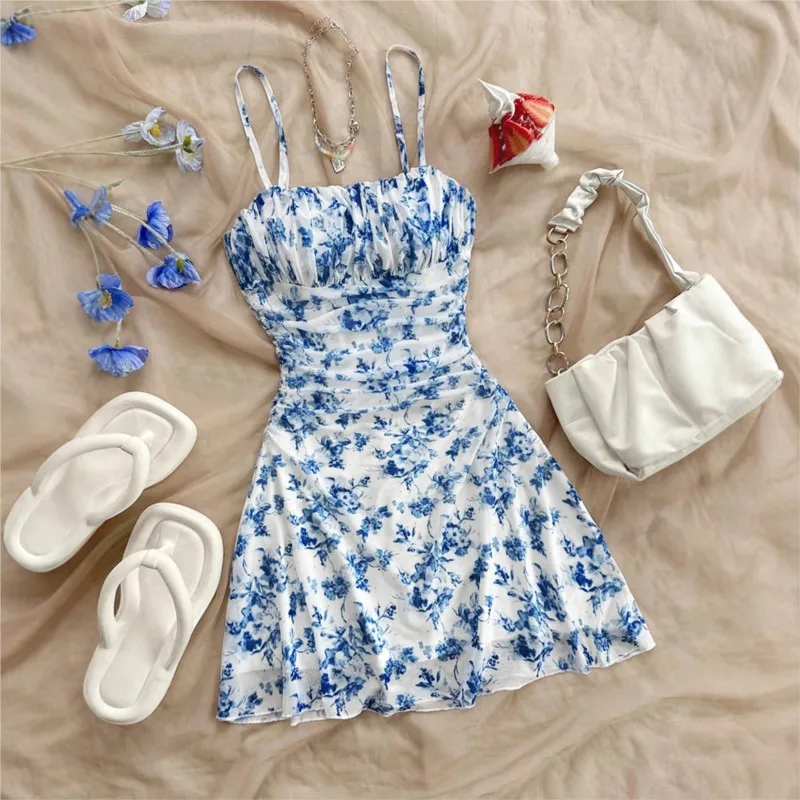 Summer Womens Fashionable Printed Sexy Pleated Dress 2025 Elegant Women's Vacation Style Backless Suspender Beach Mini Vestidos - Image 3