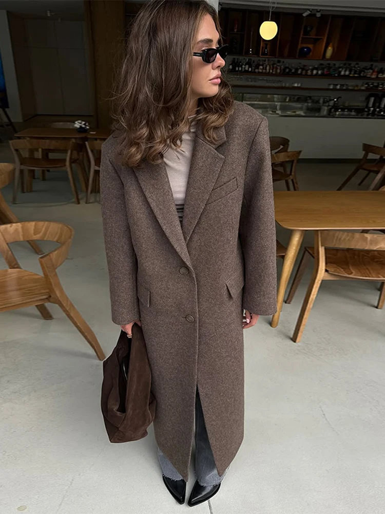 Fashion Waist Cinching Woolen Long Coats For Women Lapel Long Sleeve Single-breasted Shoulder Pad Coat New Lady Commuter Outwear - Image 6