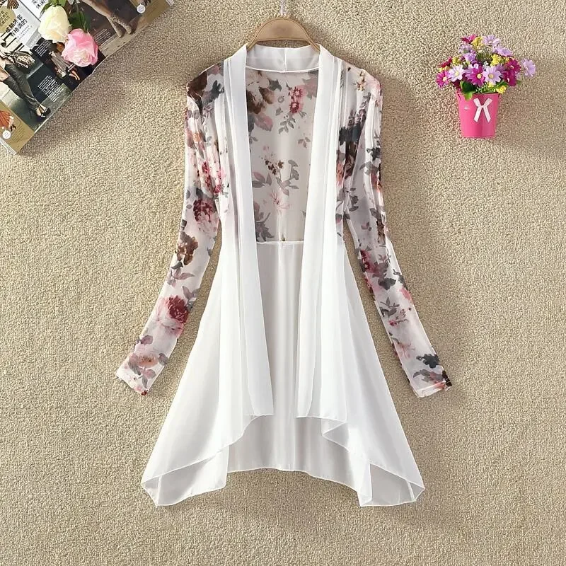 Spring Summer Thin Mid-Long Chiffon Blouses Women 2026 New Fashion Loose Casual Tops Sunscreen Shirt Printing White Female - Image 3