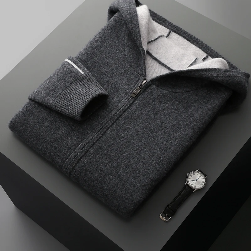 Zipper autumn and winter new 100% cashmere men o collar sweater loose fashion cardigan slim warm knit solid color long sleevetop - Image 4