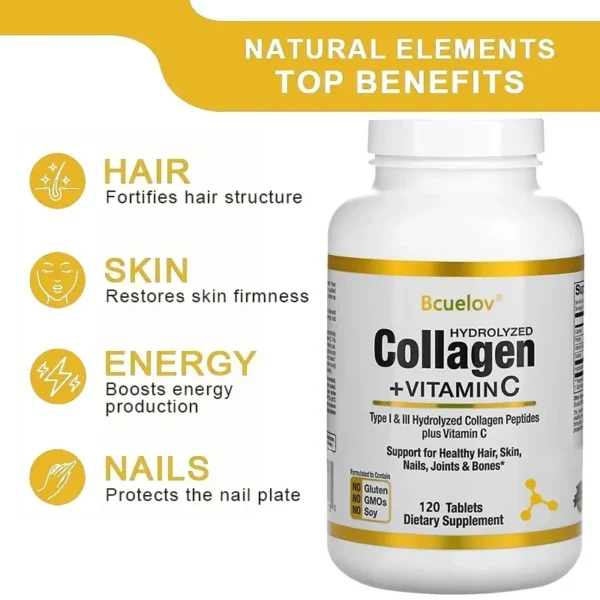 Hydrolyzed Collagen Peptides + Vitamin C, Types I & III Support Healthy Hair, Skin, Nails, Joints & Bones Boosts Immunity - Image 2