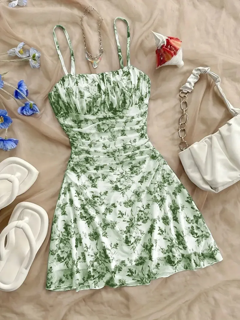 Summer Womens Fashionable Printed Sexy Pleated Dress 2025 Elegant Women's Vacation Style Backless Suspender Beach Mini Vestidos - Image 4