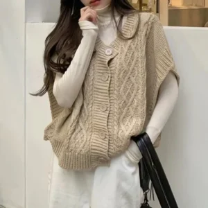 Fashion Korean Knitted Cardigan Sweater Vest Women Retro Solid Color Casual O Neck Buttons Short Tank Top Sleeveless Office Lady