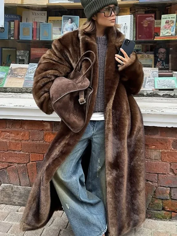 Fashion Mixed Color Lapel Collar Woman Long Coat Elegant Full Sleeve Loose Overcoat New Winter Lady High Street Faux Fur Jacket