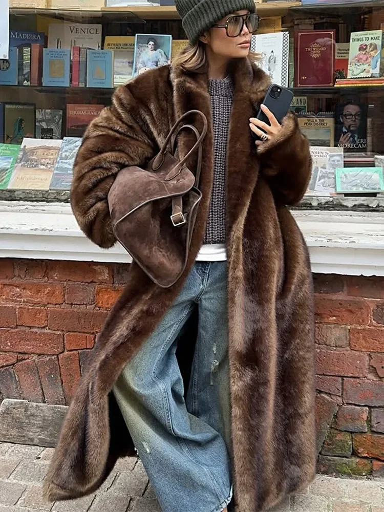 Fashion Mixed Color Lapel Collar Woman Long Coat Elegant Full Sleeve Loose Overcoat New Winter Lady High Street Faux Fur Jacket
