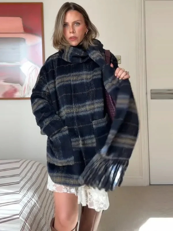 Vintage Outwear For Woman Button Coat Autumn Casual Jacket Y2K Style Plaid Crew Neck Tops Fringe Scarf Knitwear Women's Clothes - Image 5