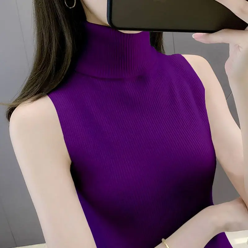 High Necked Knitted Vest Camisole Women Slim Sleeveless Sweater Base Top - Image 3