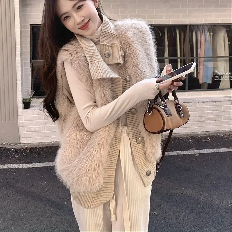 Women Faux Mink Fur Vest Coat Knitted Spliced Vests Solid Stand Collar Single Breasted Straight Thick ElegantCasual 2025 Winter - Image 4