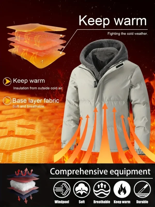 Winter Windproof Men's Faux Jacket Casual Polyester Coat with Detachable Hood Zip-Up Front Long Sleeves & Pockets Winter Clothes - Image 3