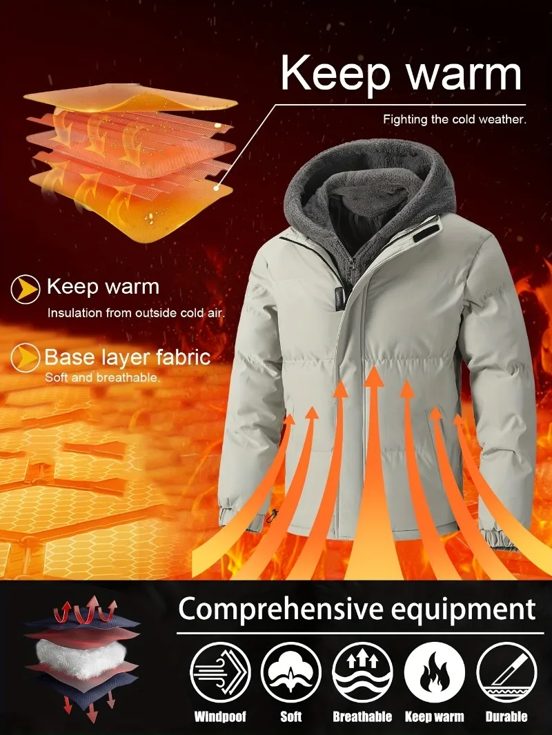 Winter Windproof Men's Faux Jacket Casual Polyester Coat with Detachable Hood Zip-Up Front Long Sleeves & Pockets Winter Clothes - Image 3