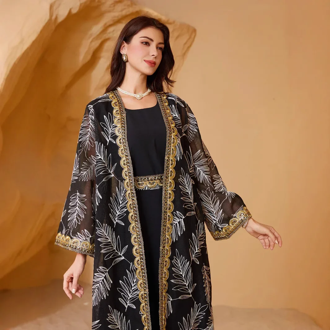 Elegant Muslim Two-Piece Set Gold Embroidered Mesh Patchwork Dubai Summer Fashion Women's Top Quality Material from China