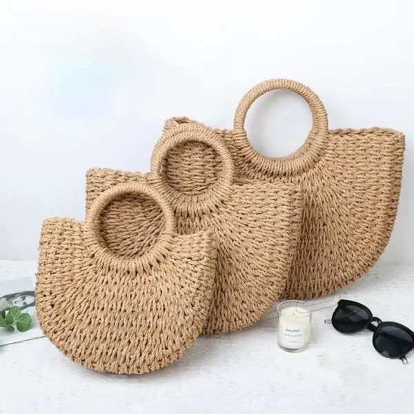 Handwoven Rattan Beach Bag Boho Half-Moon Purse Large HollowOut Tote Summer Crossbody Shoulder Bag Women's Fashion Straw Handbag - Image 3