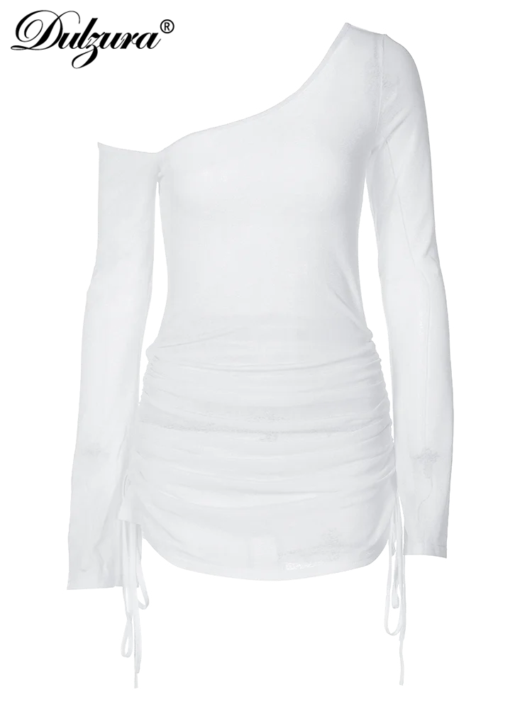 Dulzura Solid Skew Collar Ruched Straps Lace-Up See Through Draw String Mini Dress 2023 Summer Women Party Clubwear Wholesale - Image 6