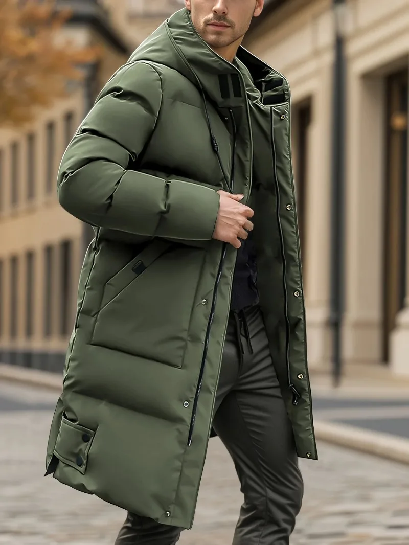 Men'S Heavyweight Winter Coat Windproof Cold Weather Jacket with Full-Length Zipper, Hooded Long Formality, Large Front Pockets - Image 2