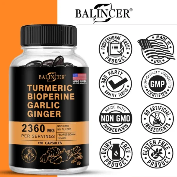 4-in-1 Turmeric Ginger Supplement with Pepperin 2360 Mg with Garlic Curcumin Black Pepper, for Joint, Digestive & Immune Support - Image 5
