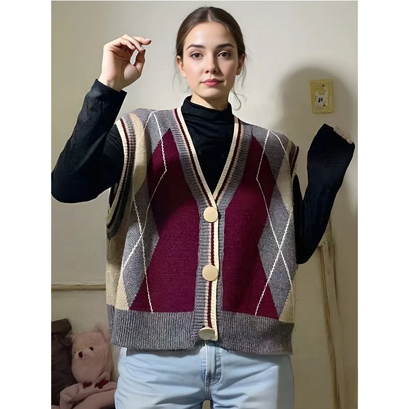 Autumn/winter Korean Knitted Cardigan Vest Casual Loose Outer Vest Retro Diamond Pattern Knitted Tops Sweet Sleeveless Knitwear