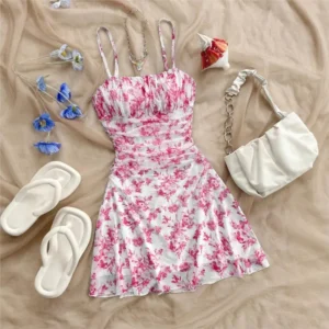 Summer Womens Fashionable Printed Sexy Pleated Dress 2025 Elegant Women's Vacation Style Backless Suspender Beach Mini Vestidos