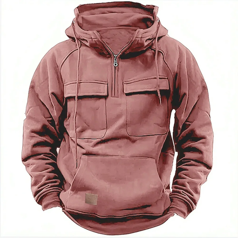 New autumn-winter men's hooded solid-color casual hoodie - fashionable young man's multi-pocket patch hoodie pullover shirt - Image 6