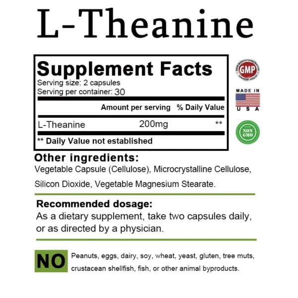 Natural L-Theanine Capsules 200 Mg, Stress Relief, Mood Supplement - Image 2