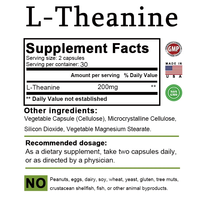 Natural L-Theanine Capsules 200 Mg, Stress Relief, Mood Supplement - Image 2