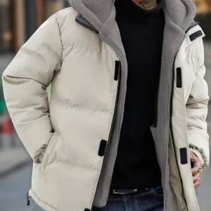 Winter Windproof Men's Faux Jacket Casual Polyester Coat with Detachable Hood Zip-Up Front Long Sleeves & Pockets Winter Clothes
