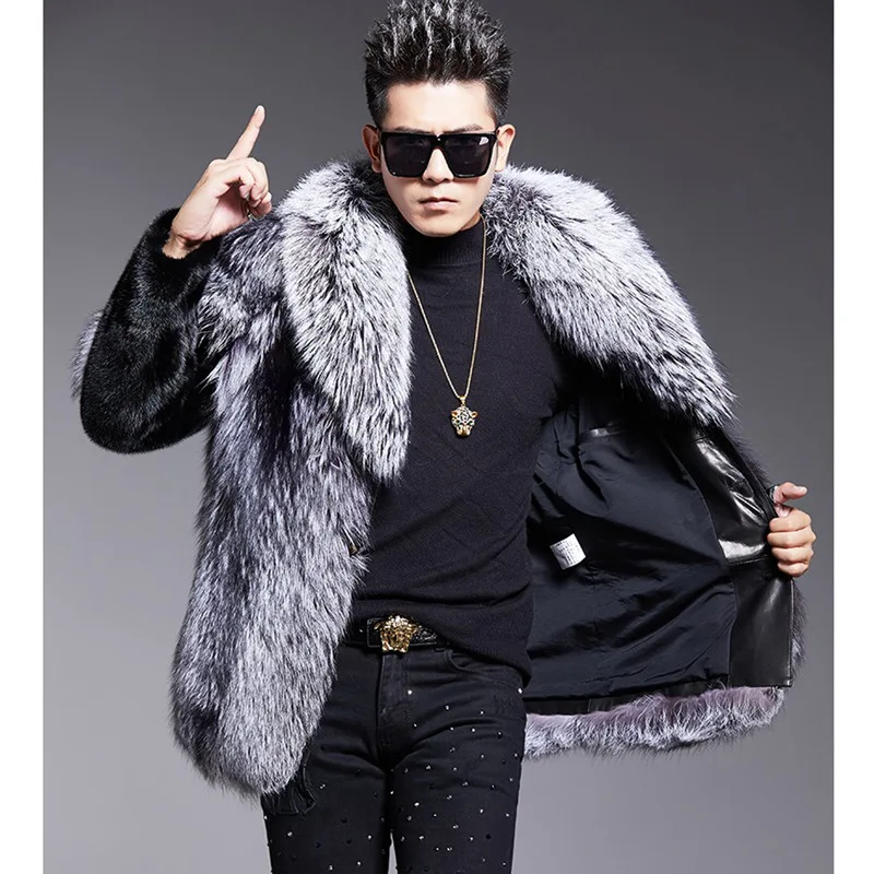 S-6XL Size Fashion Men Jacket Thick Windproof Imitation Mink Fur Outerwear Male Winter Coat Super Warm Casual Long Parkas Silver - Image 5