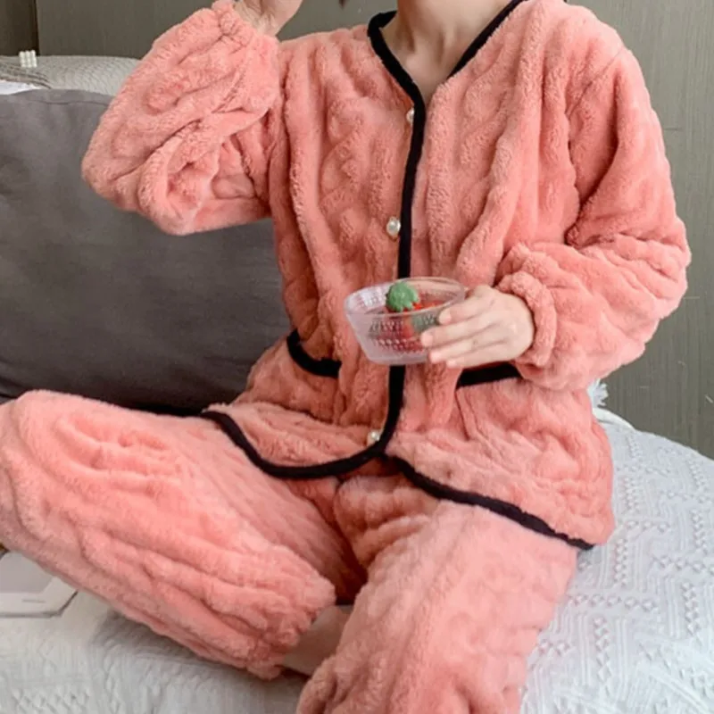Coral Fleece Women's Spring Autumn New Mid-Thick Plush Flannel Homewear Set - Image 5