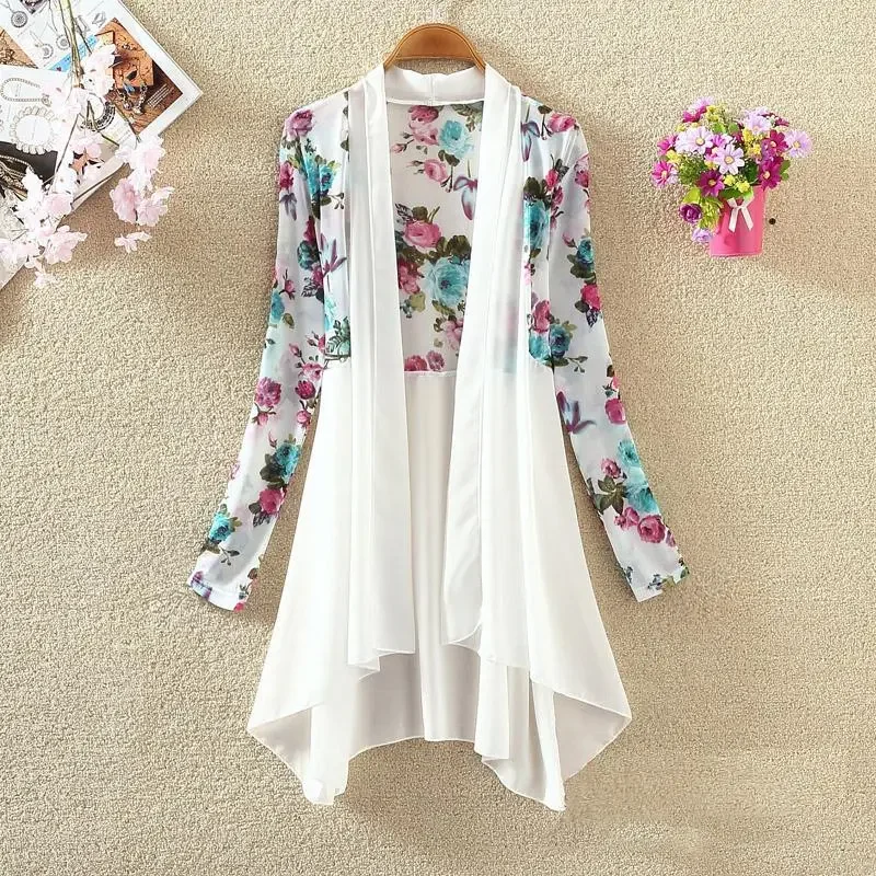 Spring Summer Thin Mid-Long Chiffon Blouses Women 2026 New Fashion Loose Casual Tops Sunscreen Shirt Printing White Female