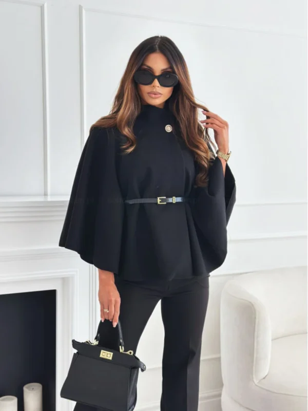 Women Single Buckle Batwing Sleeve Coat Autumn Winter Elegant Lady Tweed Waist Cinching Poncho Trend Thick Warm Loose Outwear - Image 6