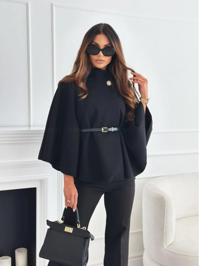 Women Single Buckle Batwing Sleeve Coat Autumn Winter Elegant Lady Tweed Waist Cinching Poncho Trend Thick Warm Loose Outwear - Image 6