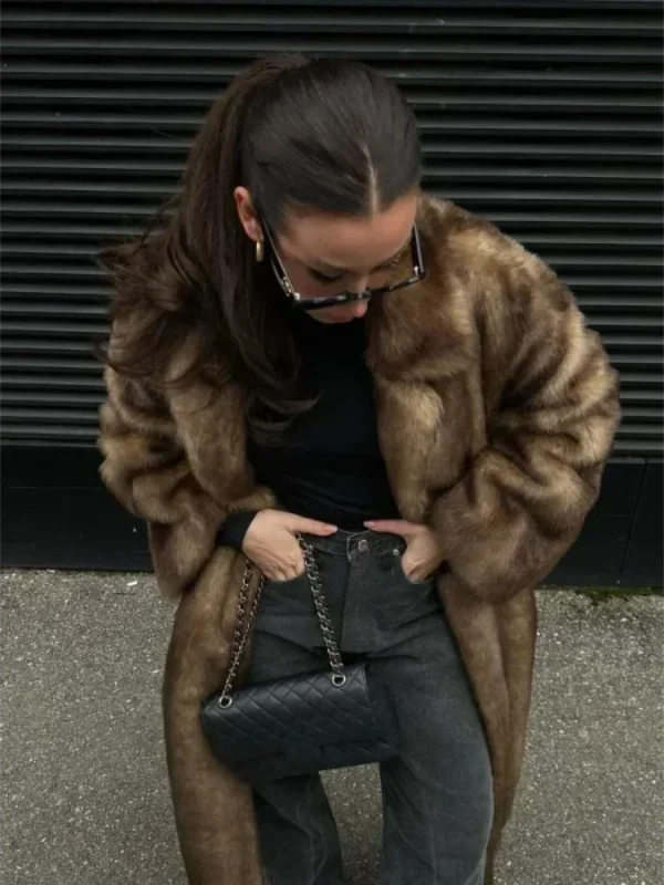 Fashion Mixed Color Lapel Collar Woman Long Coat Elegant Full Sleeve Loose Overcoat New Winter Lady High Street Faux Fur Jacket - Image 6