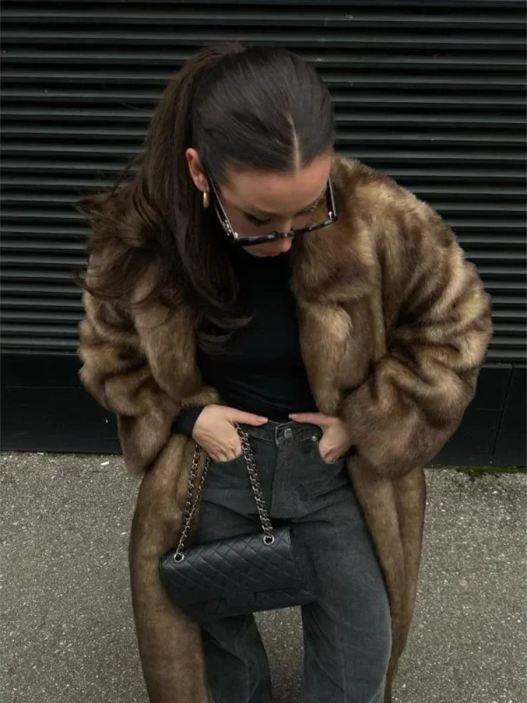 Fashion Mixed Color Lapel Collar Woman Long Coat Elegant Full Sleeve Loose Overcoat New Winter Lady High Street Faux Fur Jacket - Image 6