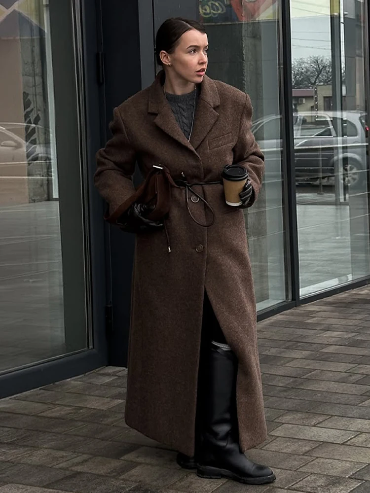 Fashion Waist Cinching Woolen Long Coats For Women Lapel Long Sleeve Single-breasted Shoulder Pad Coat New Lady Commuter Outwear - Image 5