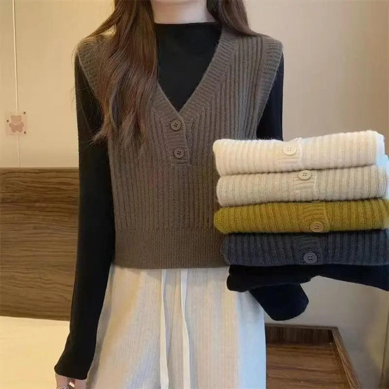 Short Knitted Vest for Women's Spring and Autumn Design Sleeveless V-neck Sweater Japanese Style Is Lazy and Retro - Image 2