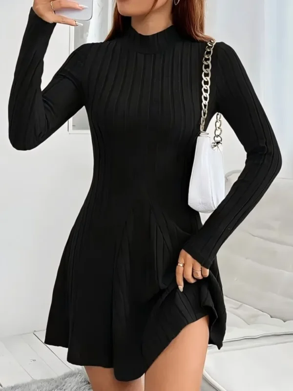 2025 New Fashion Dress Elegant Women Simple Slim Short Dress Solid Striped Long Sleeve Dress Round Neck Commute Street Dress - Image 3