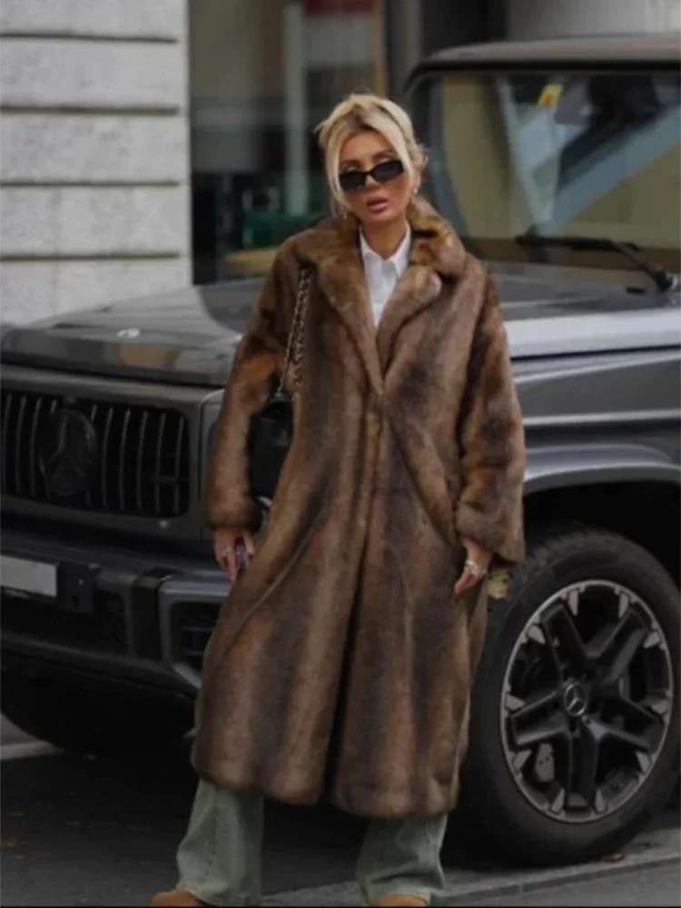 Fashion Mixed Color Lapel Collar Woman Long Coat Elegant Full Sleeve Loose Overcoat New Winter Lady High Street Faux Fur Jacket - Image 4