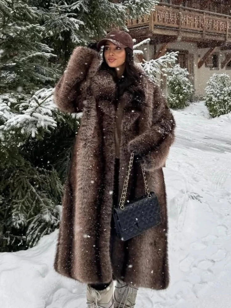 Women's Casual Lapel Faux Fur Long Coat Loose Solid Color Full Sleeve Furry Jackets Ladies Fashion Winter Warm Streerwear Coats - Image 5