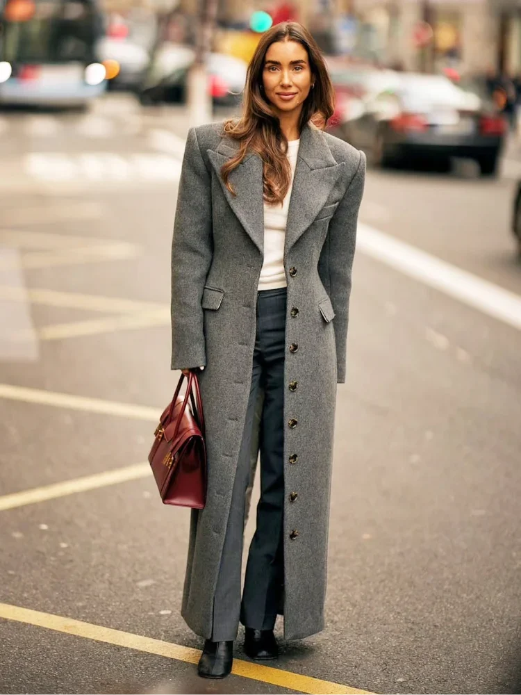 Fashion Waist Cinching Woolen Long Coats For Women Lapel Long Sleeve Single-breasted Shoulder Pad Coat New Lady Commuter Outwear