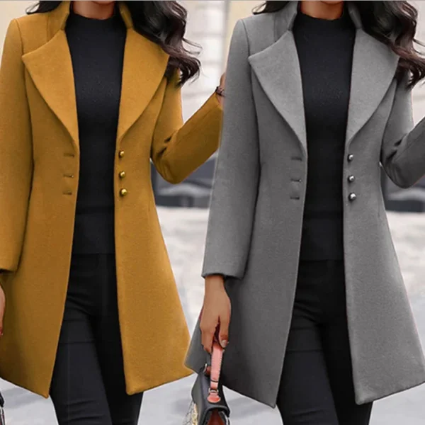 European and American autumn and winter coat Korean solid color slim mid-length button woolen coat - Image 5