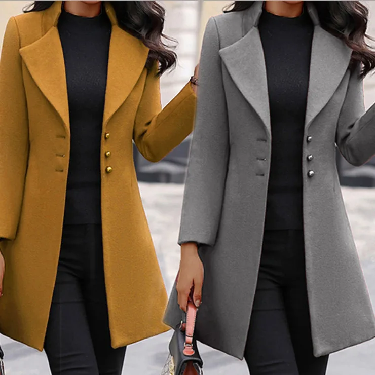 European and American autumn and winter coat Korean solid color slim mid-length button woolen coat - Image 5